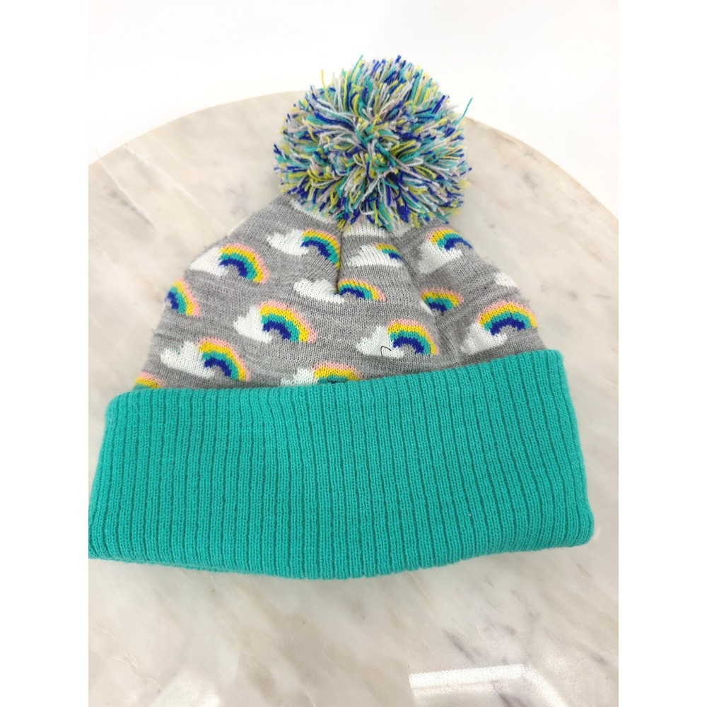 Tucker + Tate Kids Rainbow Cloud Knit Beanie Teal Grey Pom Pom Hat One Size